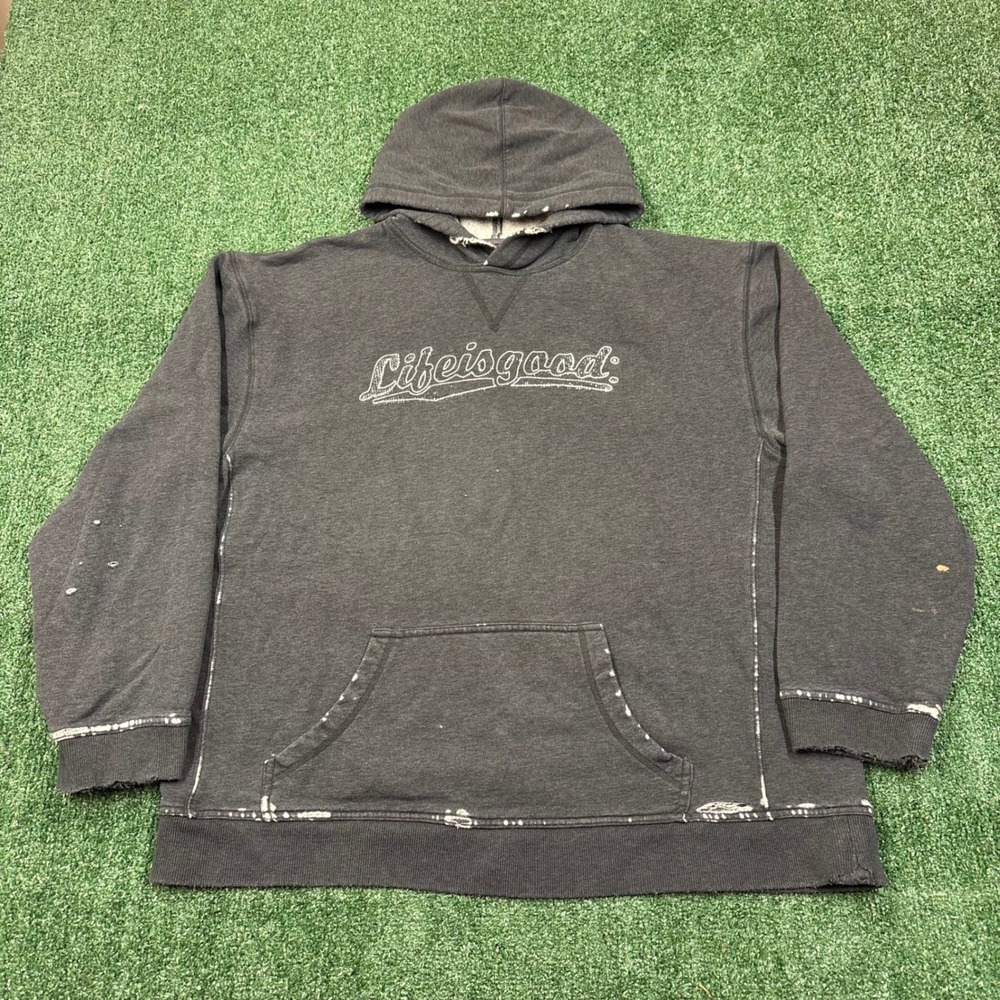 Vintage 2000's Life is Good Hoodie Black Faded Distressed Large